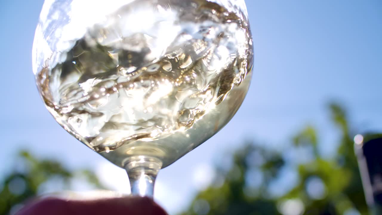 La mano di una persona che fa roteare delicatamente del vino bianco in un bicchiere trasparente, in una giornata di sole