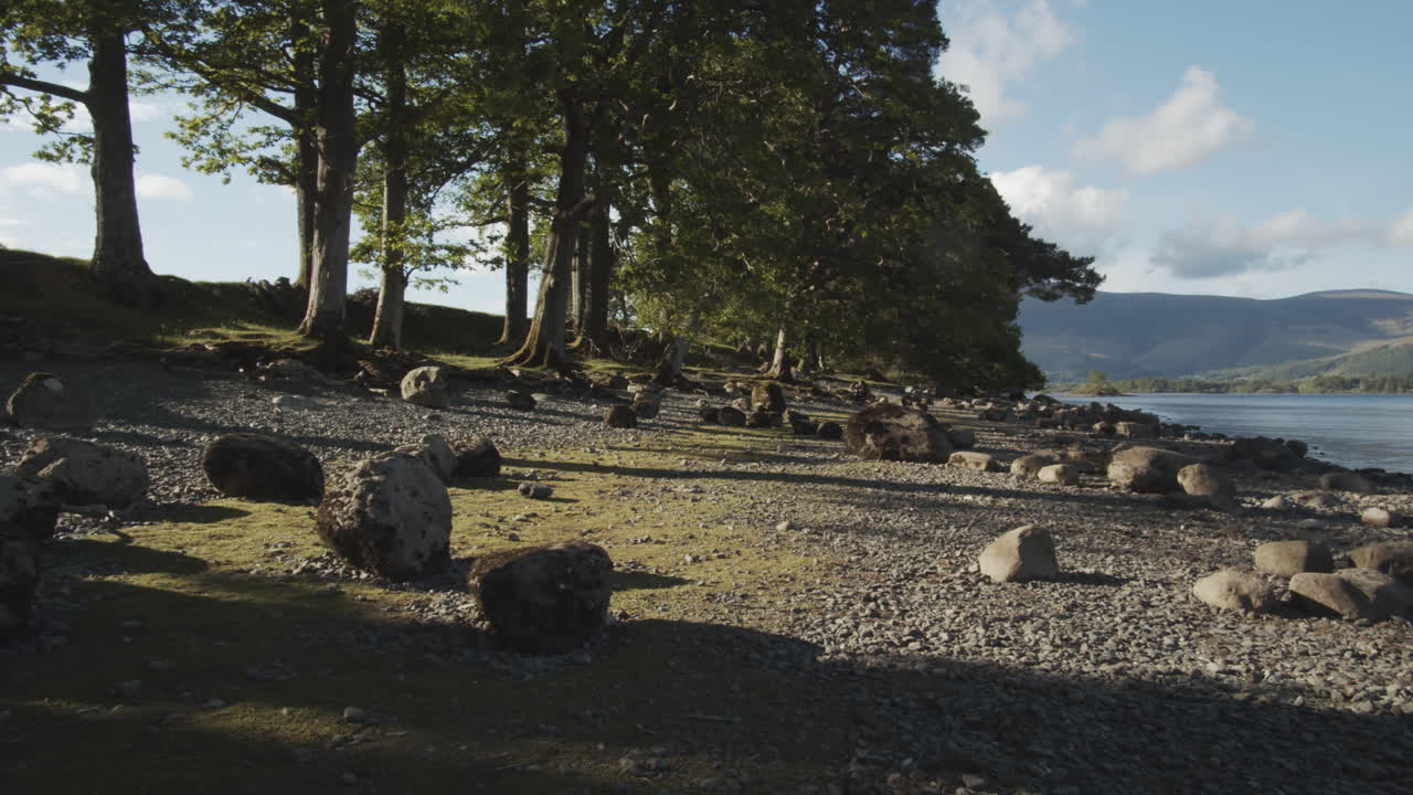 Panning shot of rocky Beach on Derwentwater, Cumbria