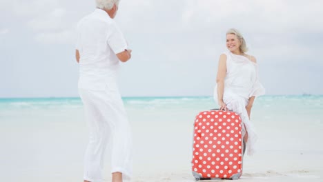 caucasian seniors on beach with camera and suitcase