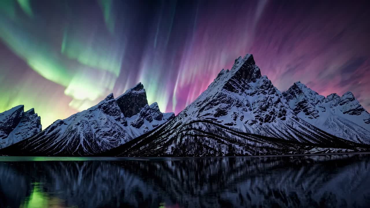 A mesmerizing wide-angle video captures the aurora borealis over jagged snow-capped mountains