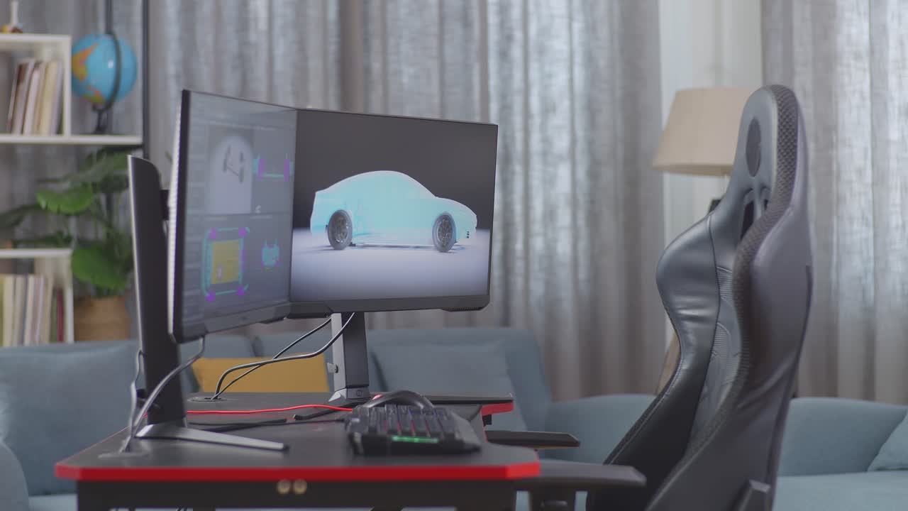 configuración de oficina en el hogar con monitores duales y silla de juego