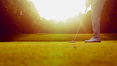 golf sport concept. golfer putting golf ball down hole to winner in beautiful golf course on bright sunset.