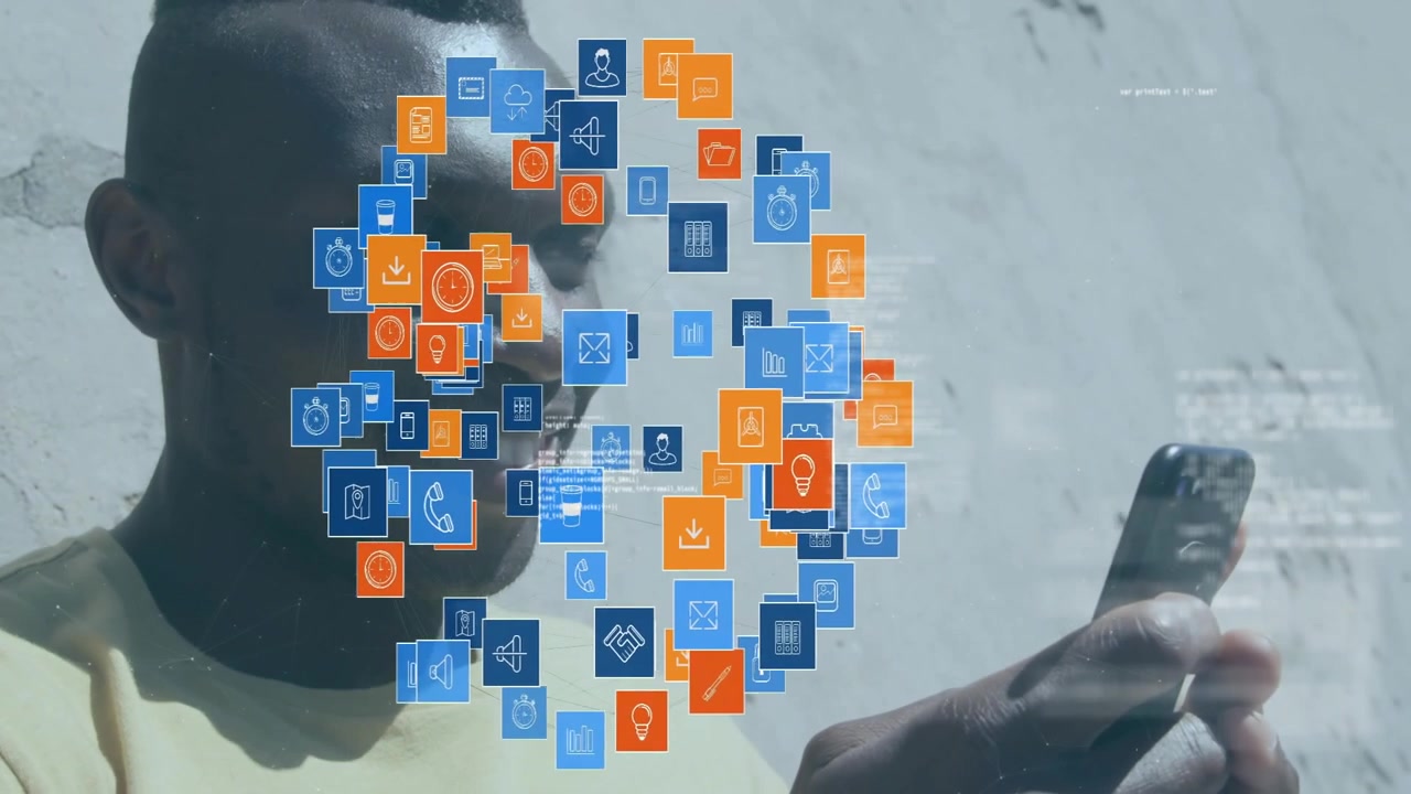 Man holding phone and tapping thumbs making tech icons forming 3D cloud covering face showing data