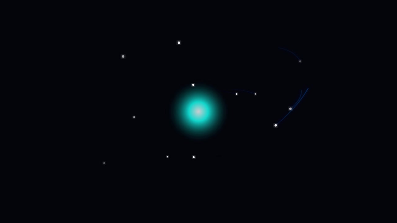 Nucleo ciano luminoso astratto con particelle in orbita su sfondo nero.