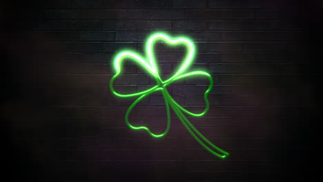 neon green shamrocks on brick wall