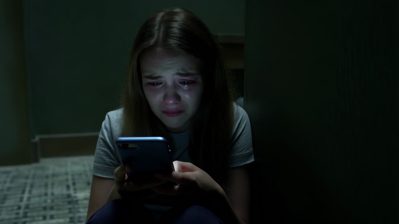 Distraught Young Woman Crying While Looking at Her Phone in a Dark Room