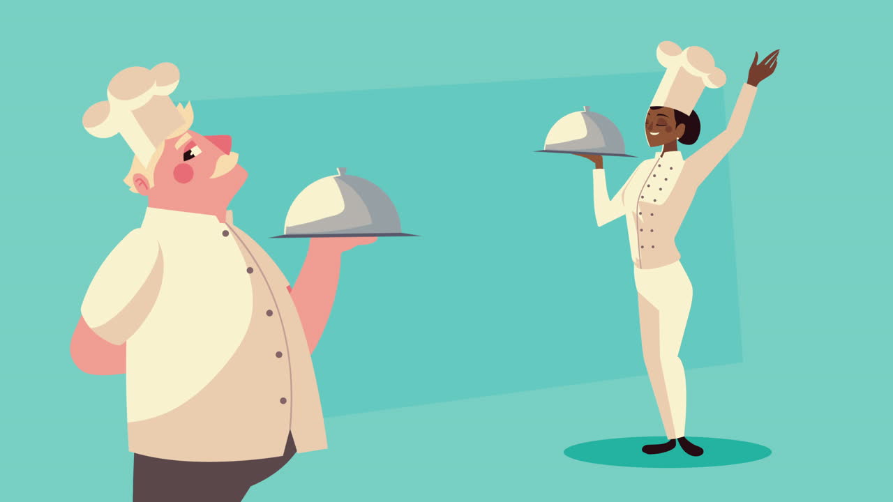 chefs interraciales pareja con bandejas personajes de animación