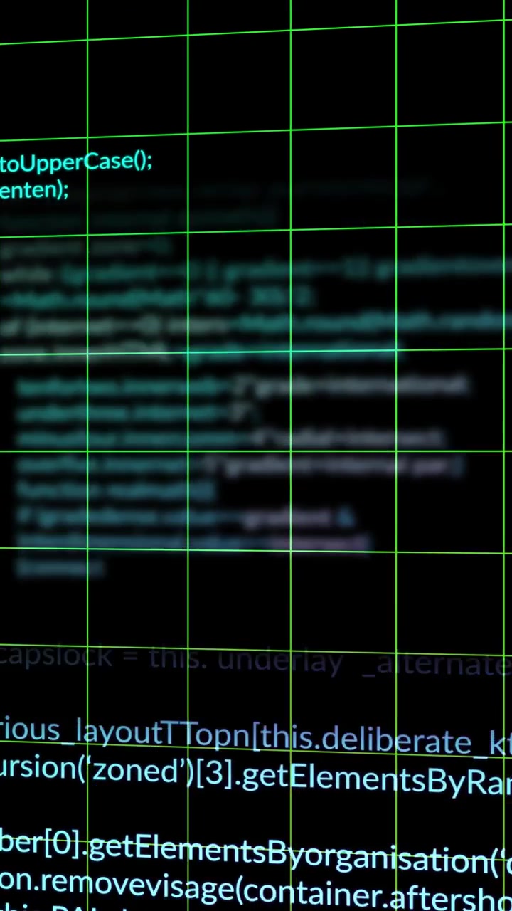 Vertical video: On load neon-green grid warping while cyan code block drifting to reveal tokens
