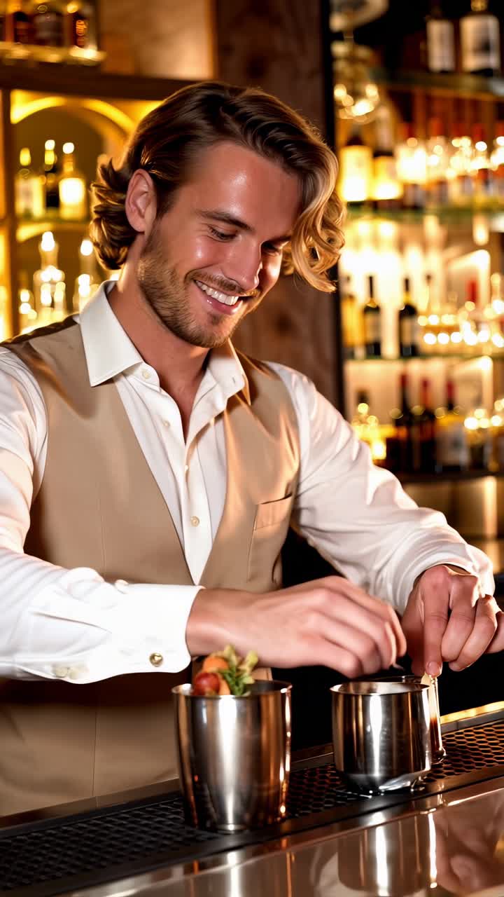 A man in a vest is making drinks at a bar