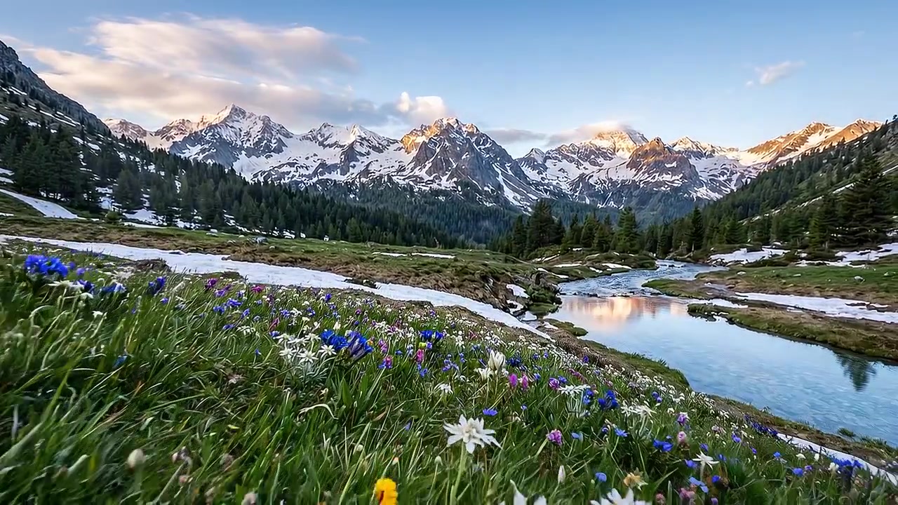 Magnifico paesaggio lacustre alpino con montagne innevate e fiori selvatici primaverili