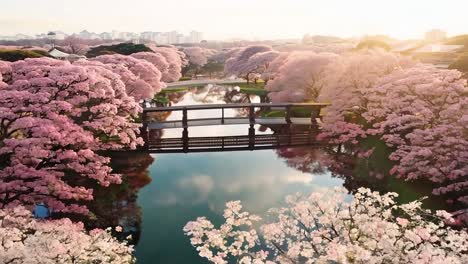 los árboles de cerezas en flor bordean un río, mostrando flores rosadas y un puente al amanecer, creando un paisaje sereno de primavera