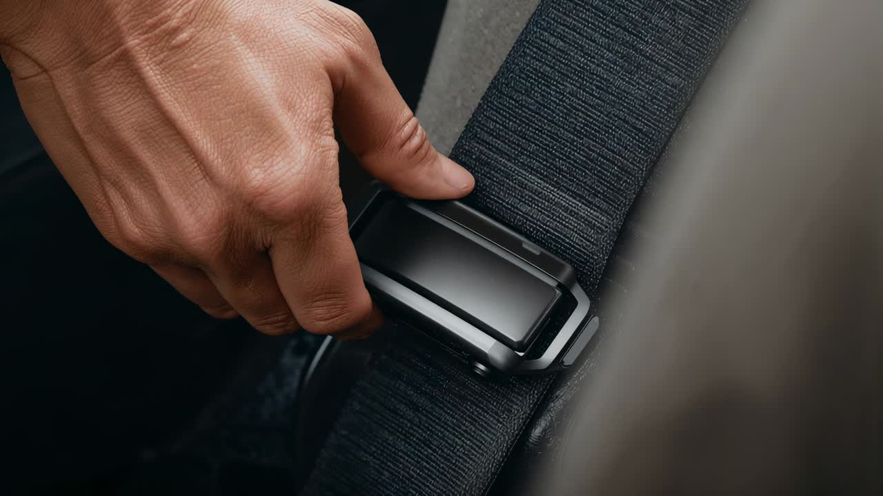 Una mano extendiéndose para ajustar el cinturón de seguridad al entrar en el coche, estirando la cinta sobre el asiento por seguridad