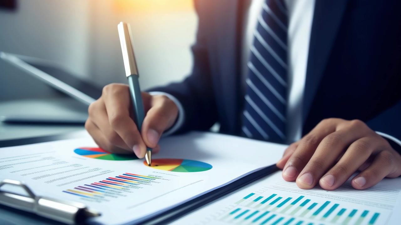 Businessman Analyzing Financial Data and Charts with a Pen
