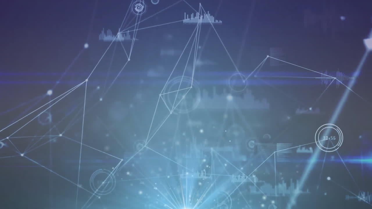Animation of network of connections with data processing over light trails on blue background
