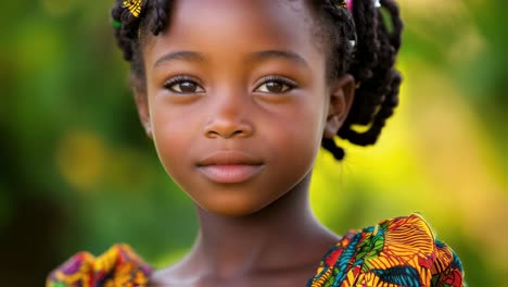 young african girl transitioning gaze from downcast to camera facing, revealing nuanced emotional shifts through intimate close up shots against soft green natural backdrop