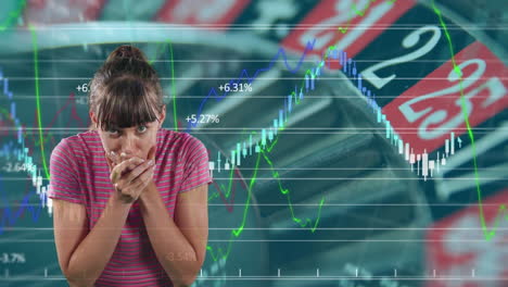 animación de una mujer caucásica nerviosa sobre datos financieros, gráficos y ruleta.