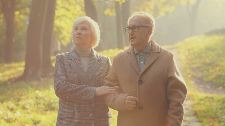 Elderly Man And Woman Walking Together And Talking In A Beautiful Park At Sunset In Autumn 1
