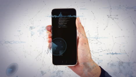 hand holding smartphone with digital network and sound wave animation overlay