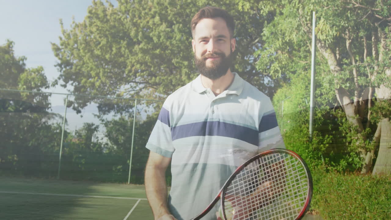 male tennis player swinging racket on outdoor court with animated shot trajectory and speed gauge