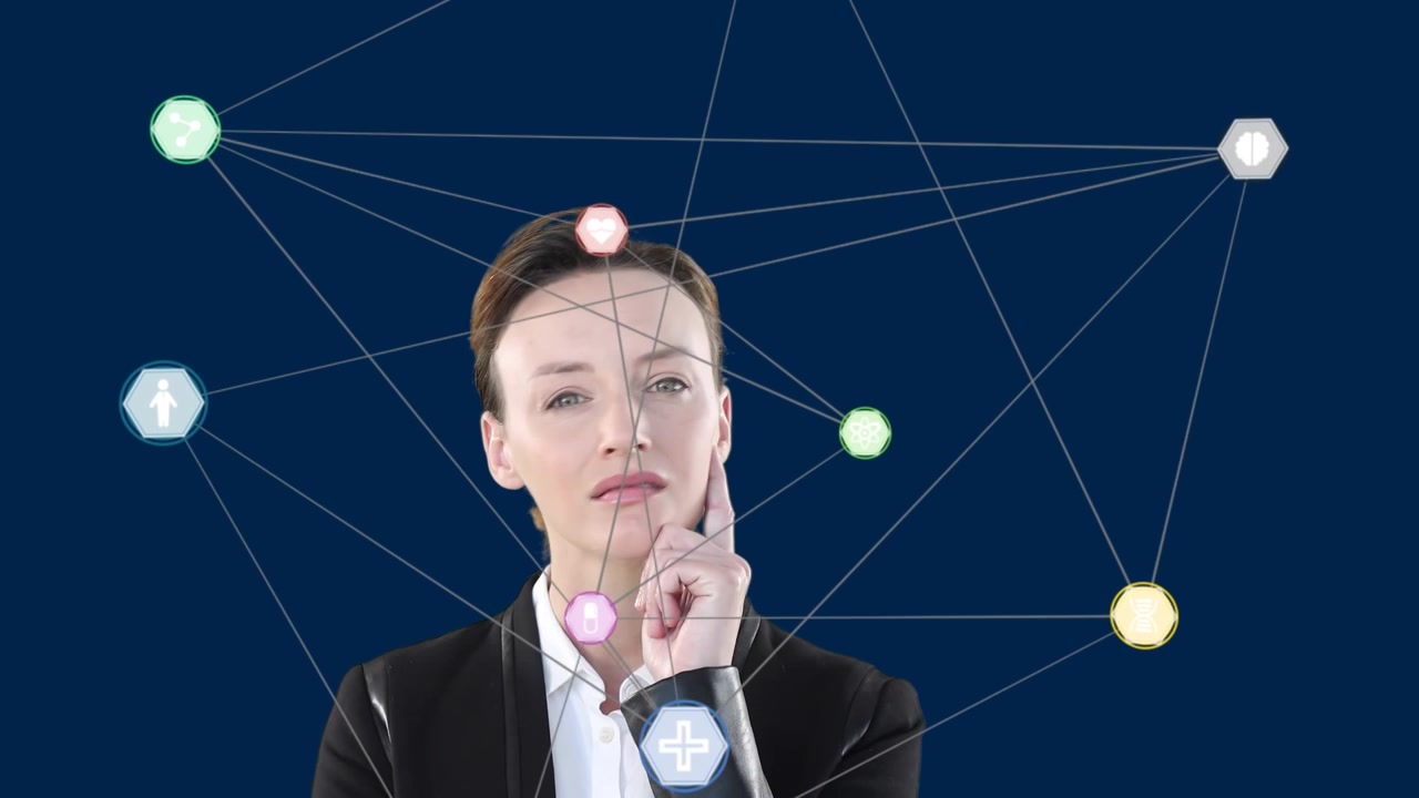Donna d'affari con interfaccia di rete digitale