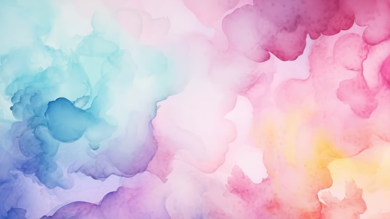 Vibrant watercolor clouds blend in pastel hues, creating a dreamy abstract background
