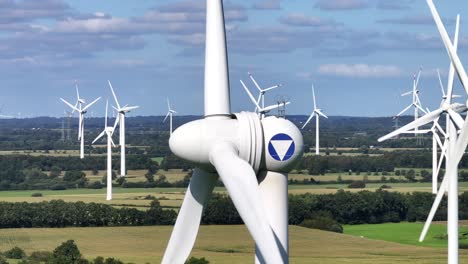 wind turbines farming wind energy, telephoto shot, many turbines spinning in the background, green sustainable power, parallax effect