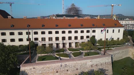 Beautiful-Aerial-View-of-Sandor-Palace,-Official-Residence-President-of-Hungary