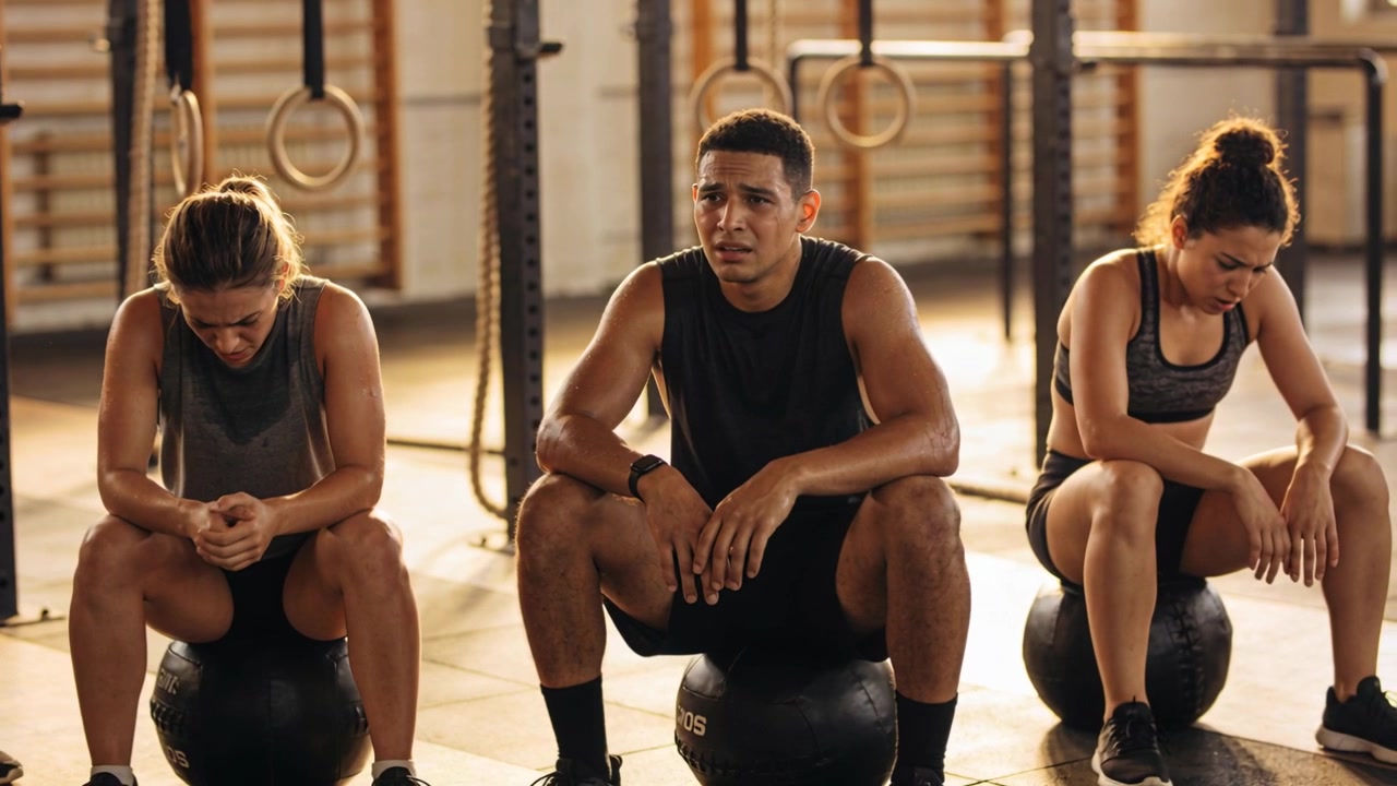 Recovering three athletes sitting on medicine balls at gym after intense set, wearing tops