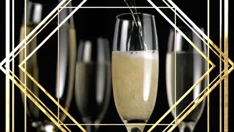 Animation-of-gold-pattern-over-glasses-of-champagne-on-black-background