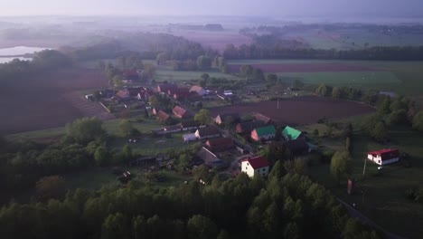 4k footage of a village near lake surrounded by forest from birds eye perspective