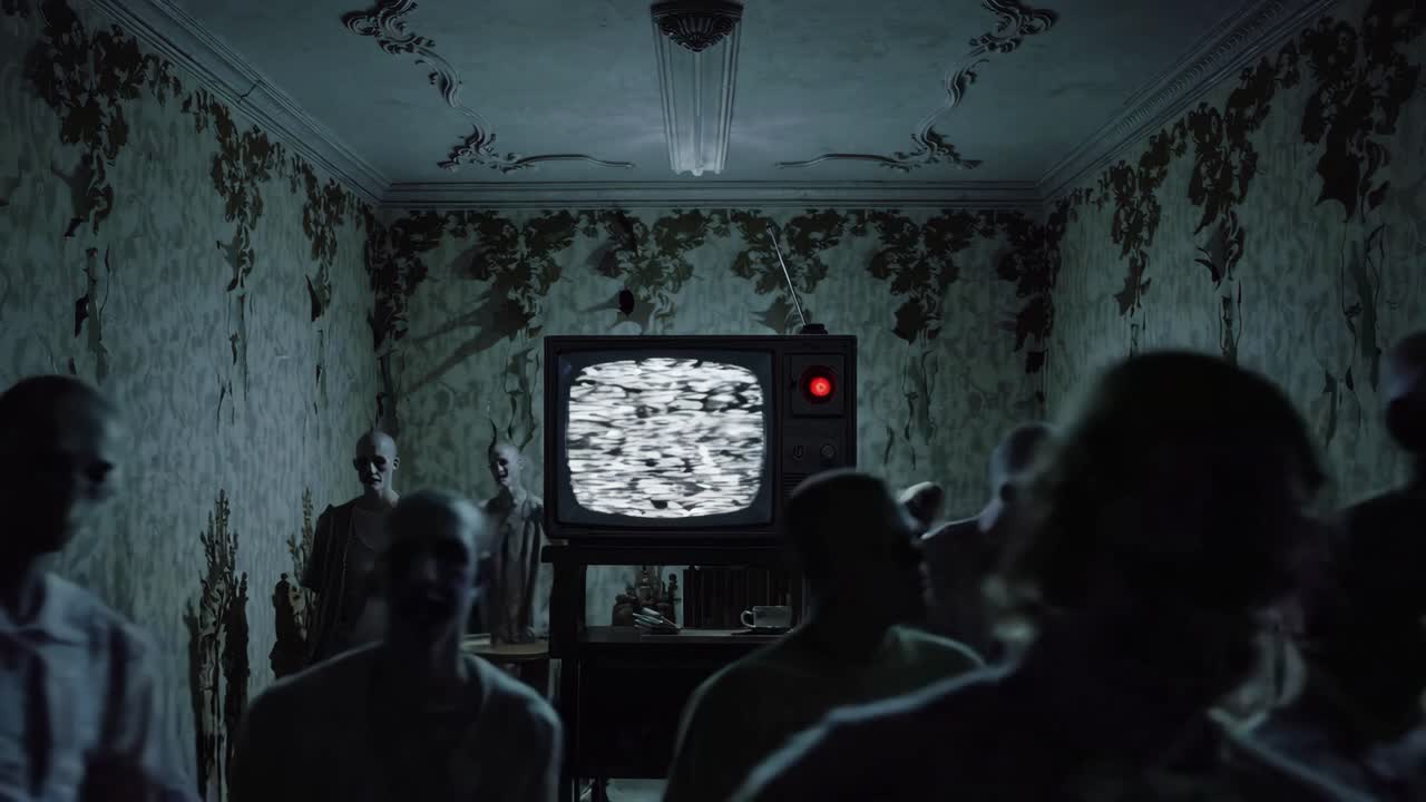 군중 가운데 있는 빈티지 tv