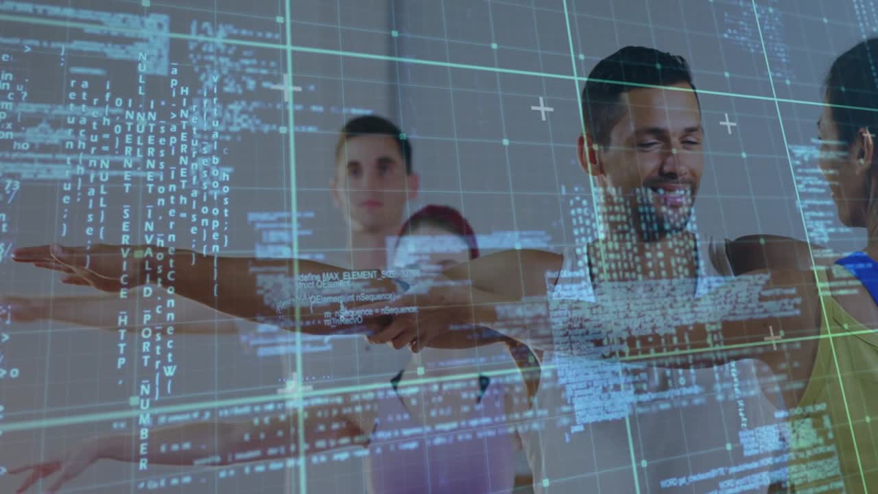 Woman yellow, man white holding arms out, camera shift causing code grid overlay, fitness training