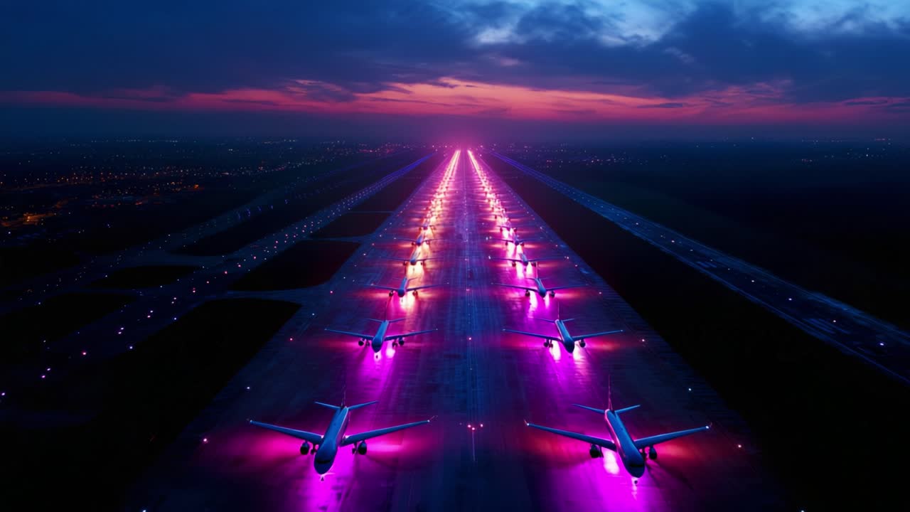 Breathtaking Aerial View of an Airport Runway Illuminated by Stunning Pink and Purple Lights at Dusk, Capturing the Vibrant Essence of Evening Aviation Activities