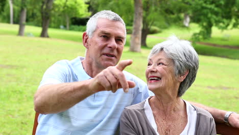 Retired-couple-sitting-on-a-park-bench-talking-and-looking-at-something-