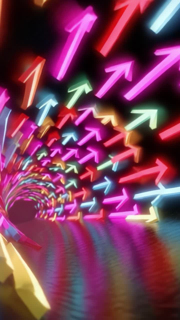 Frecce al neon ipnotizzanti in un tunnel di luce ipnotico e colorato: un viaggio attraverso motivi vibranti e dinamici che rappresentano movimento e direzione.
