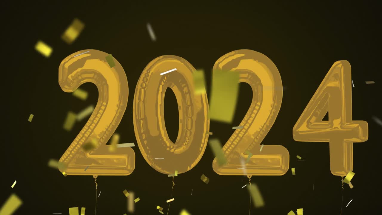 animación de 2024 globos volando y cayendo confeti sobre un fondo negro