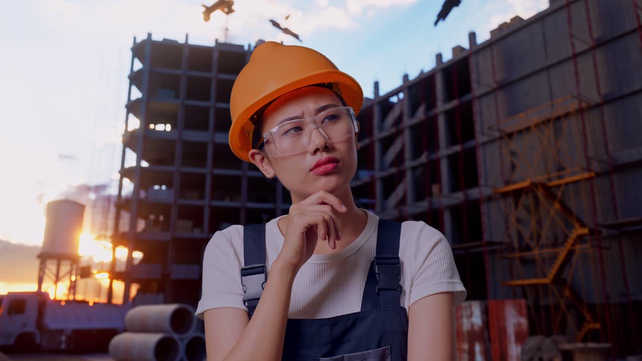 close up de una trabajadora asiática que usa gafas de protección y casco de seguridad pensando y mirando a su alrededor y luego levantando su dedo índice mientras está de pie en el sitio de construcción