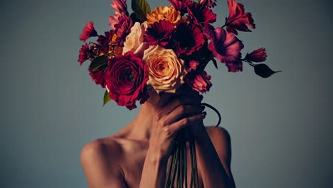 woman holding vibrant floral bouquet, strategically covering face, revealing only subtle details against soft light blue background, exploring feminine mystery through artistic color variations