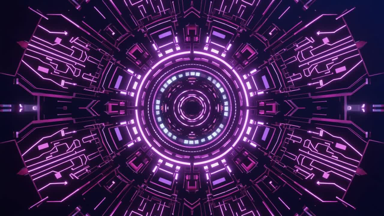 Volo attraverso un tunnel digitale futuristico con luci al neon luminose