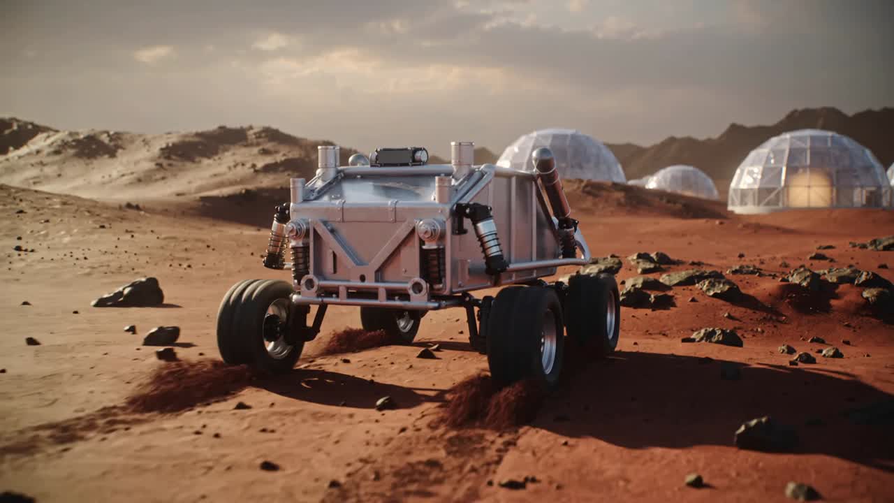Accelerating rover climbing red plain toward domes, exposing suspension and treads, kicking dust