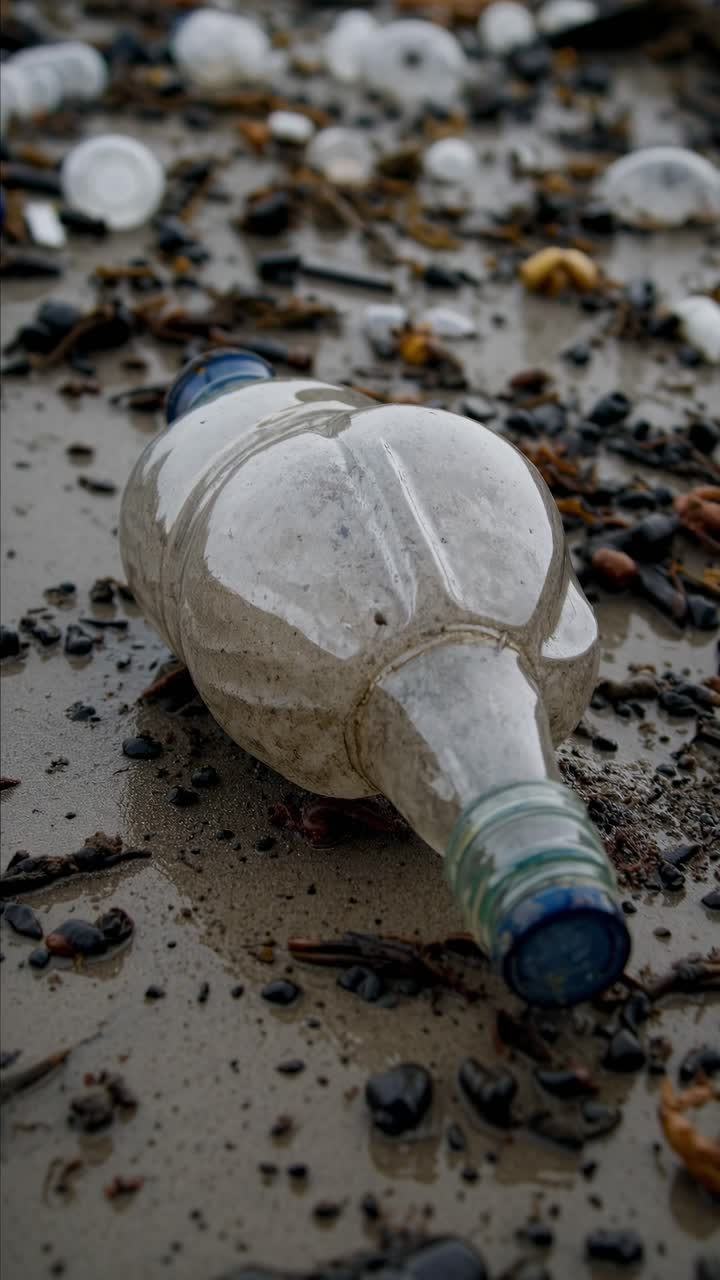 Un fermo immagine di una spiaggia inquinata, ripreso dal basso, che evidenzia bottiglie di plastica sparse.
