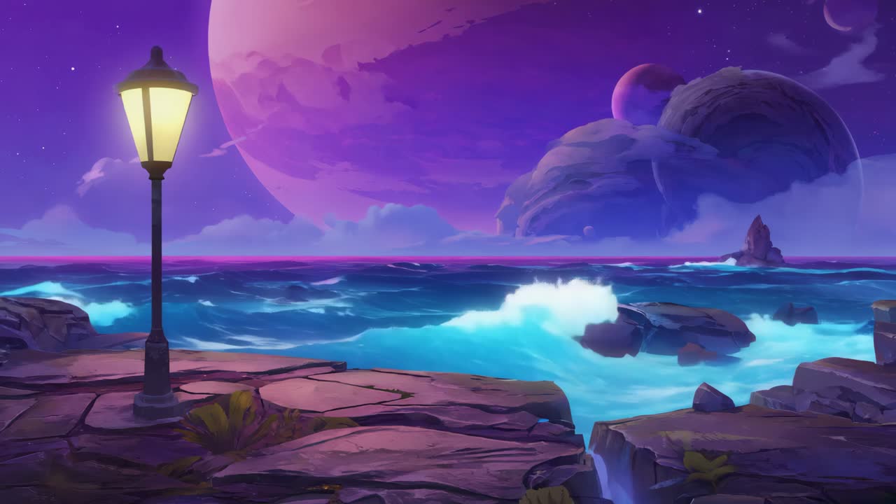 Otherworldly Seascape with Alien Planets and Luminous Lamp