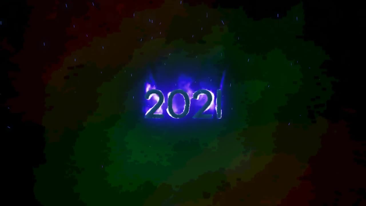 Animation des Textes „2021“ in brennenden Flammen auf dunklem Hintergrund