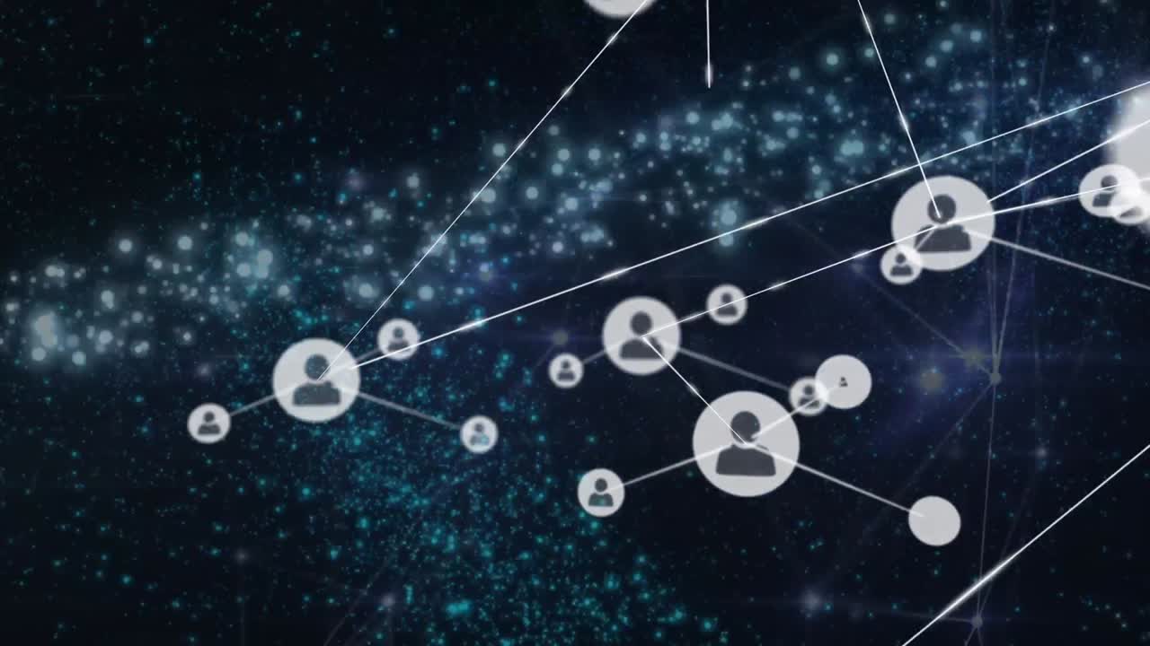 검은색 배경에 떨어지는 별 위에 프로필 아이콘 네트워크의 애니메이션.