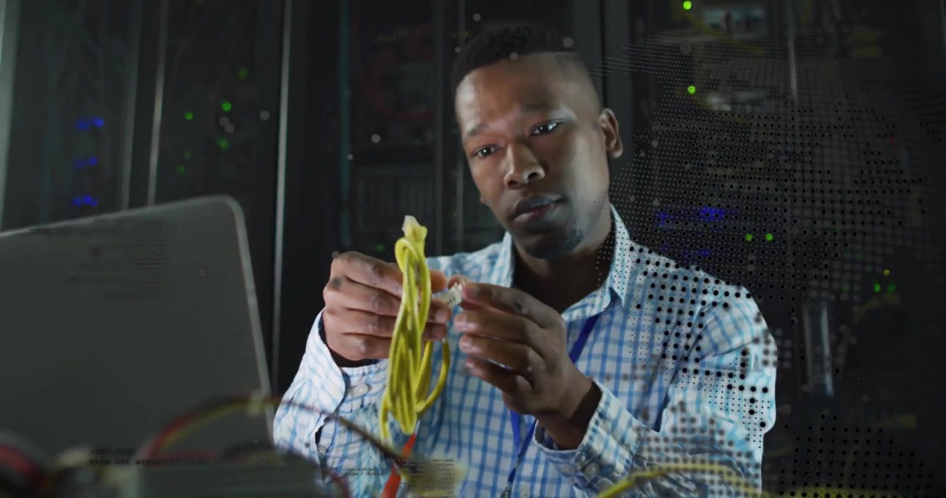 IT specialist plugging yellow patch cable among server racks, displaying moving data flow graphics