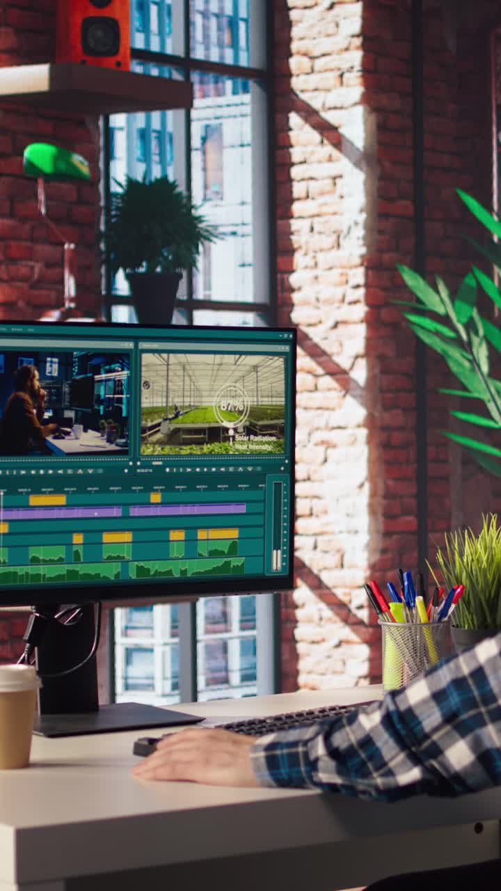 Vertical video Videographer splicing film pieces on PC, editing them