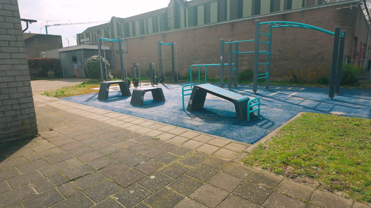 Sunny outdoor sports park featuring a concrete ping-pong table in the foreground and a modern calisthenics gym with blue equipment in the background. Green grass and brick buildings are visible.