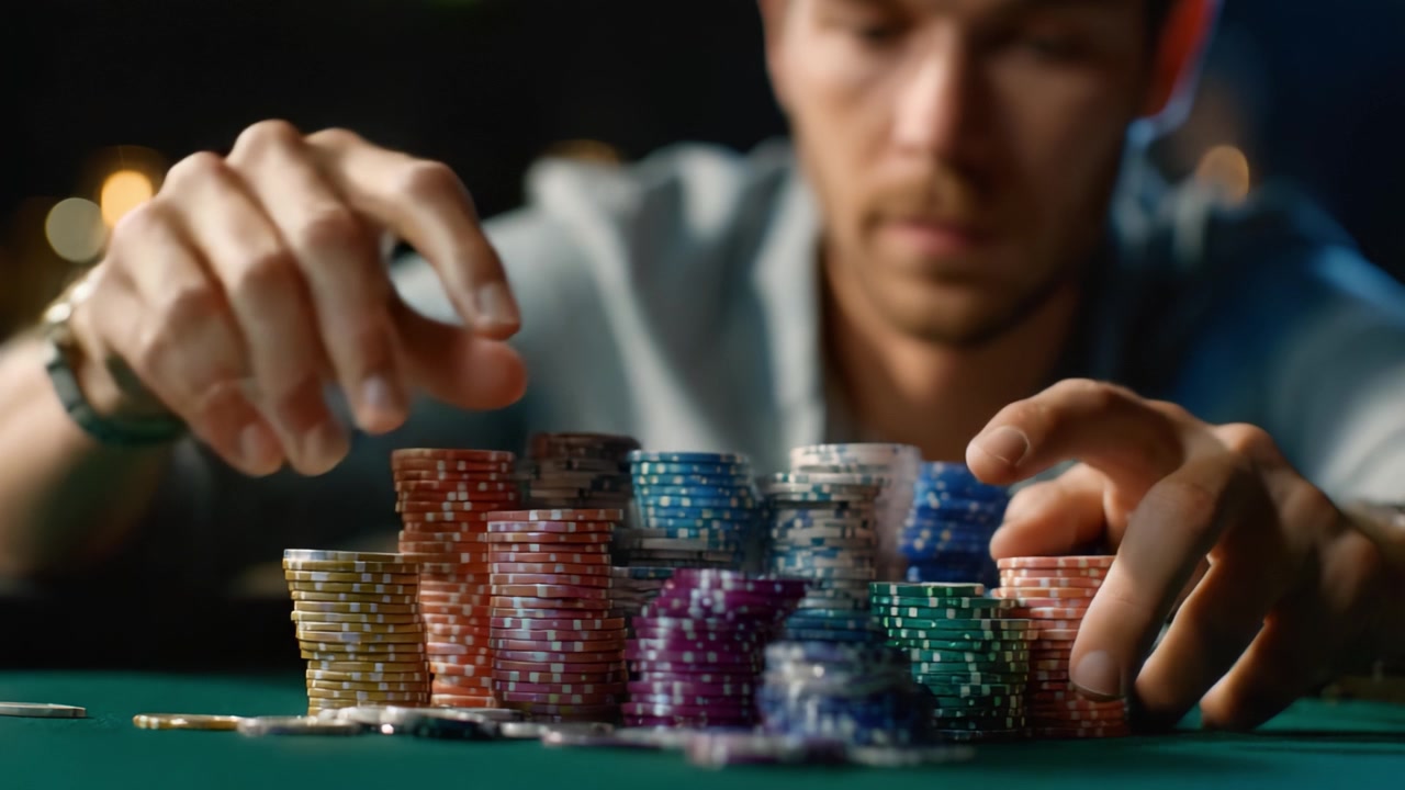 Intensa concentrazione sull'impilamento delle fiches: un giocatore d'azzardo analizza la strategia in mezzo a un mare di fiches colorate in un ambiente di poker ad alto rischio.