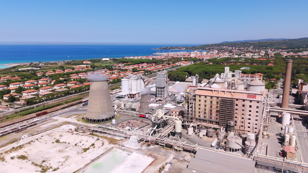Aerial view of an industrial plant near the sea