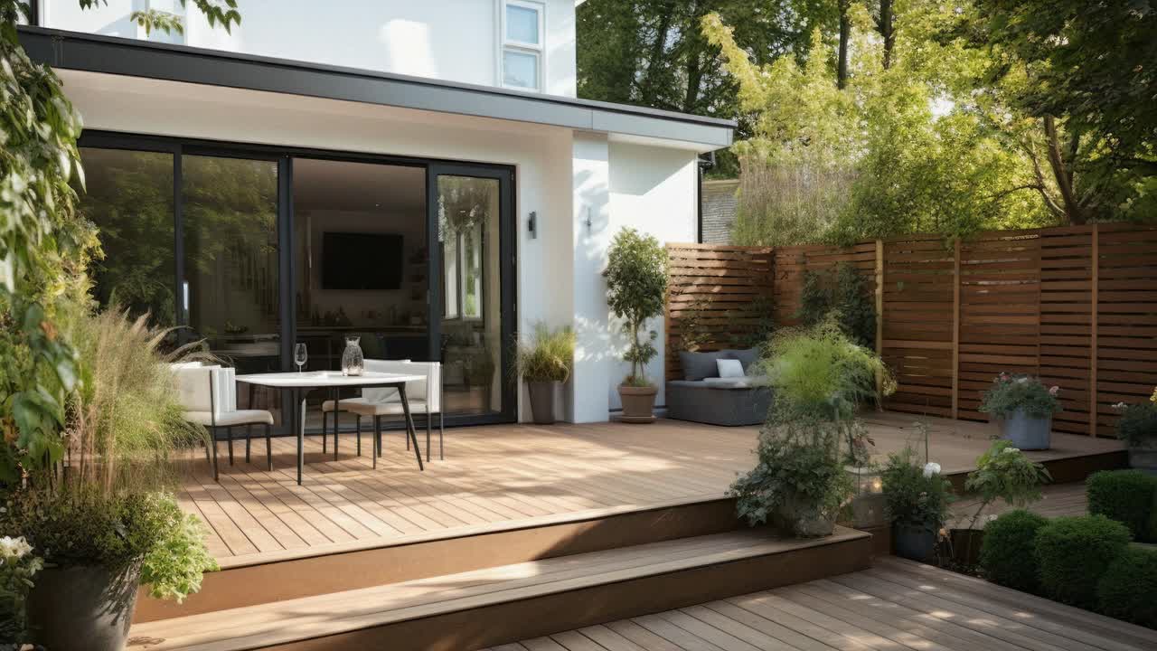 A serene backyard patio with modern decor, captured from a low angle